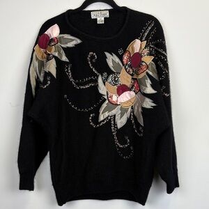 Vintage 80’s Le Pull-Over by Irene Leung Sweater with Floral Embellishments Sz L